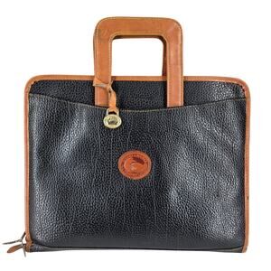 DOONEY & BOURKE VINTAGE BLACK LEATHER BROWN TRIM PORTFOLIO SATCHEL BAG 14" X 11"